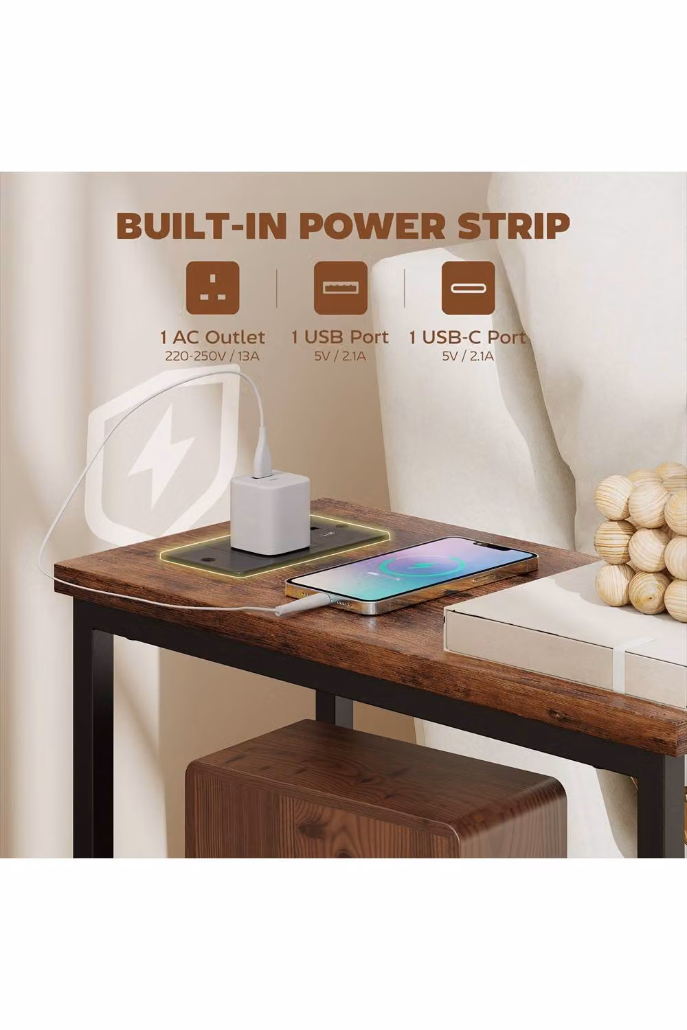 Ergovexa Rustic Brown Side Table with 2 Drawers, AC Outlet and 2 USB Ports – 2