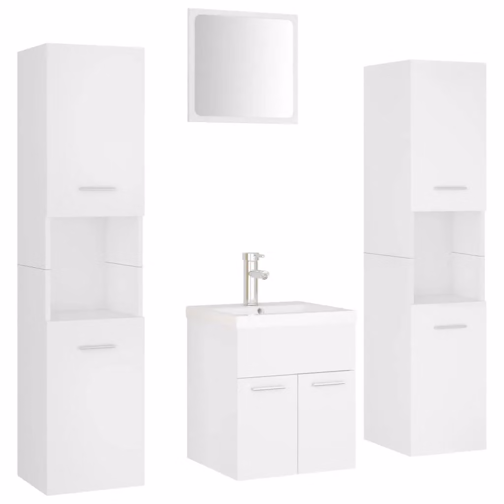 Berkfield Home Modern White Bathroom Furniture Set including Vanity Unit, Tall Cabinet and Mirror Cabinet – 2