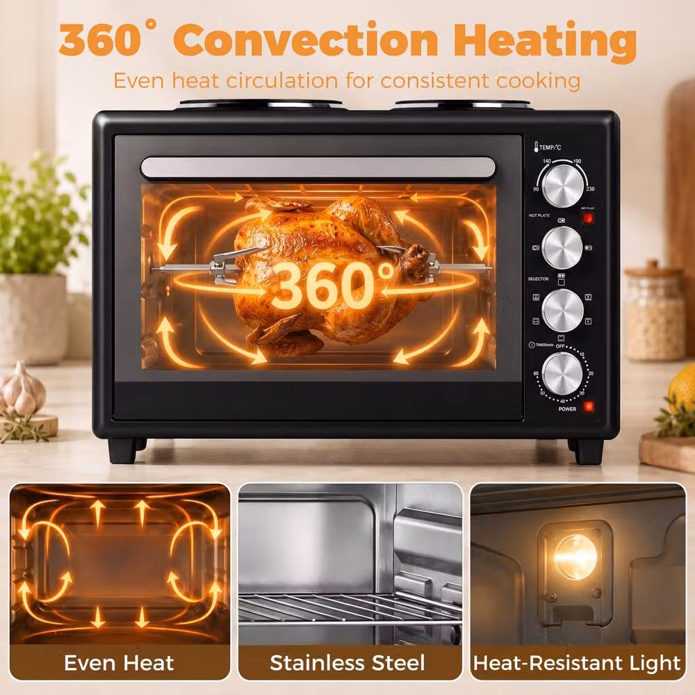 HOMCOM 46L Mini Electric Countertop Oven with Dual Hot Plates and Grill, Black – 6