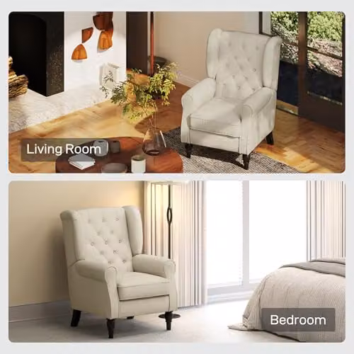 HOMCOM Retro Wingback Accent Armchair in Beige Fabric with Solid Wood Frame, W/D/H: 74 x 102 x 86 cm – 6