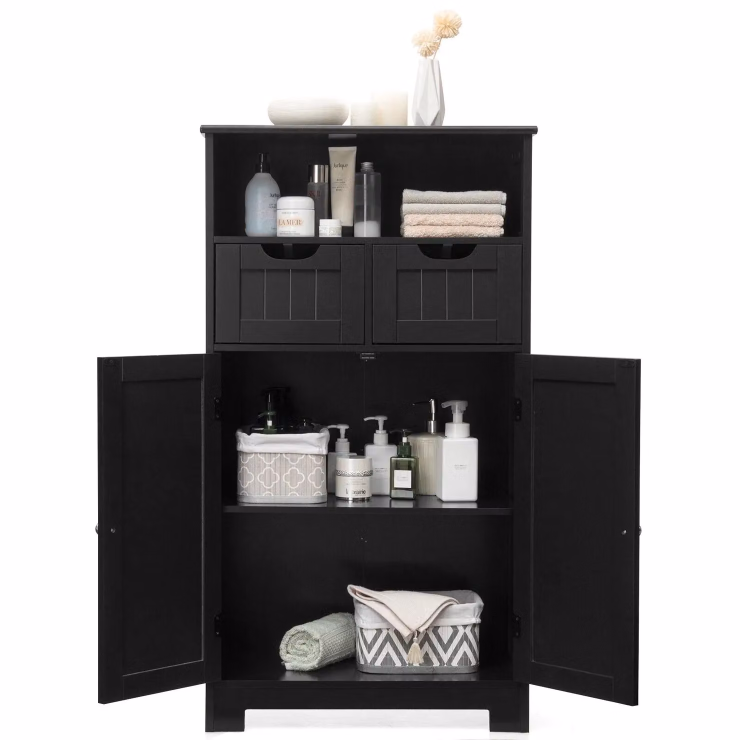 Costway Black Wooden Bathroom Floor Cabinet with Hinged Doors and Internal Shelves – 5