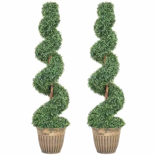 HOMCOM Set of 2 Green Topiary Spiral Boxwood Potted Plants, Height: 120 cm – 1