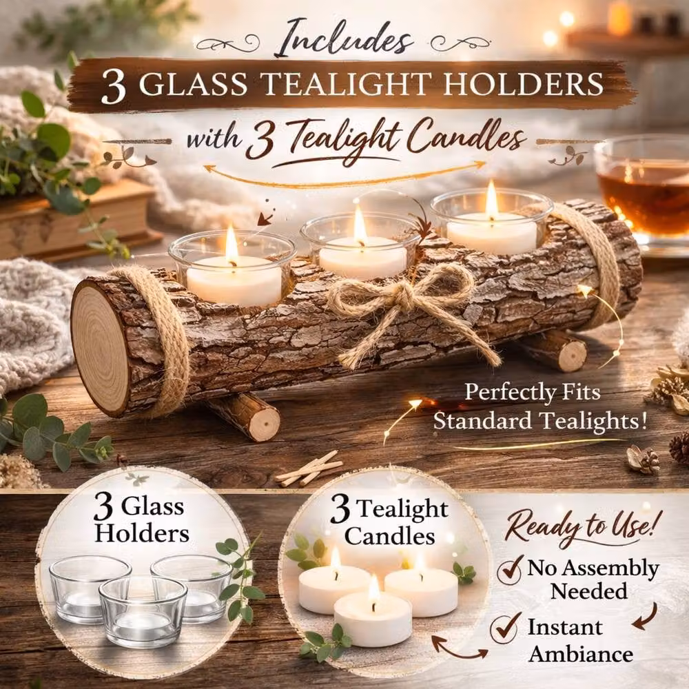 HomeZone Rustic Wood Effect Triple Tealight Candle Holder in Brown with 3 Glass Cups and Tealights Included – 4