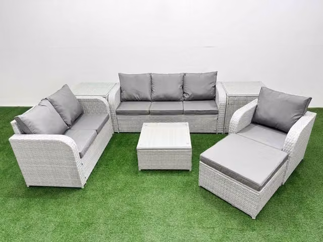 Fimous Patio 7 Seater Grey PE Wicker Rattan Outdoor Furniture Set with Square Coffee Table, Reclining Chairs, Loveseat, 3 Seater Sofa and Footstool
