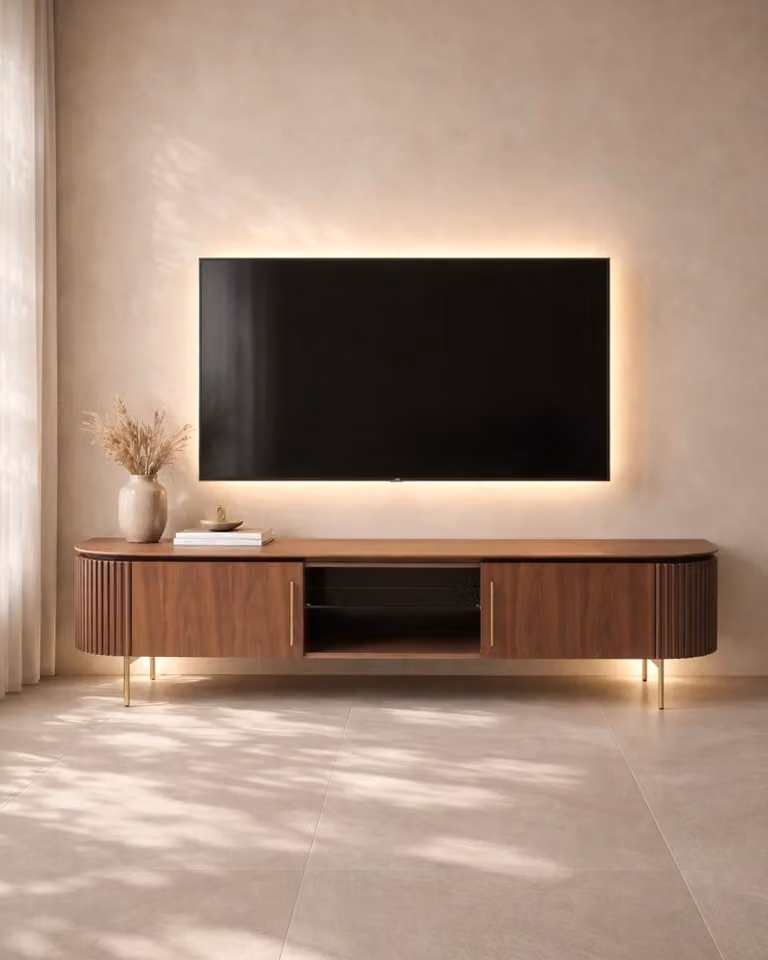 Tommy Franks Lantine Modern Walnut and Brass TV Unit, W/D/H: 200 x 52 x 42 cm