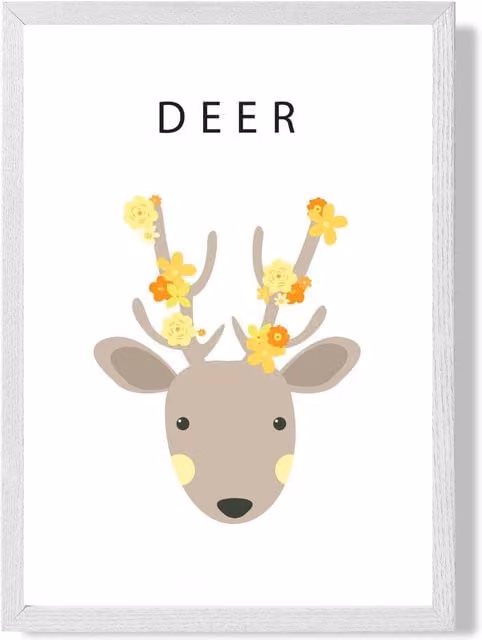 ARTZE Yellow Floral Deer Framed Print with White Wood Frame, A3