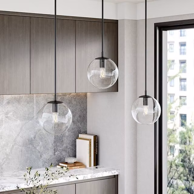 Livingandhome Modern Matte Black Sphere Ceiling Pendant with Transparent Glass Lampshade