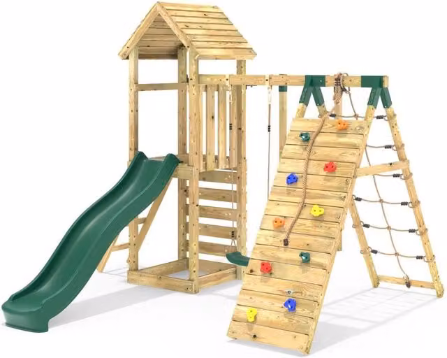 Rebo Modular Wooden Climbing Frame with Swing, Slide and Climbing Wall in Green