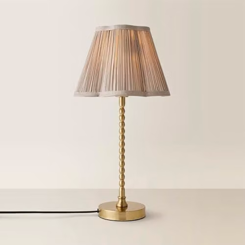 ValueLights Maeve Light Grey Pleated Faux Silk Scallop Shade Brushed Gold Bobbin Table Lamp