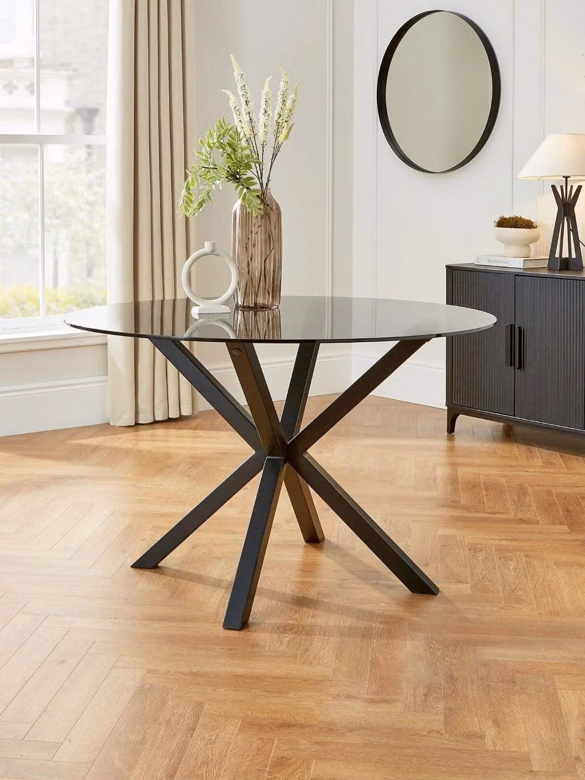 Very Home Chopstick Round Dining Table with Black Glossy Glass Top, Diameter: 120 cm, Height: 75.3 cm