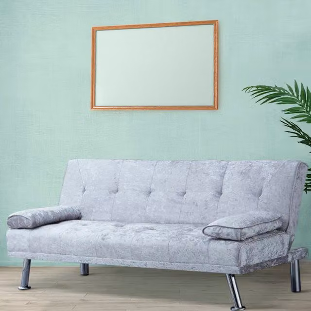 Comfy Living Grey Crush Velvet Click Clack Sofa Bed with Silver Metal Legs