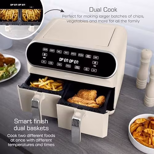 Swan SD10519C Retro Dual Basket Air Fryer with Swan Cyclone Technology, LED Display, 8 Pre-Set Cooking Options, Adjustable Temperature, 8L, 1700W, Beige – 4