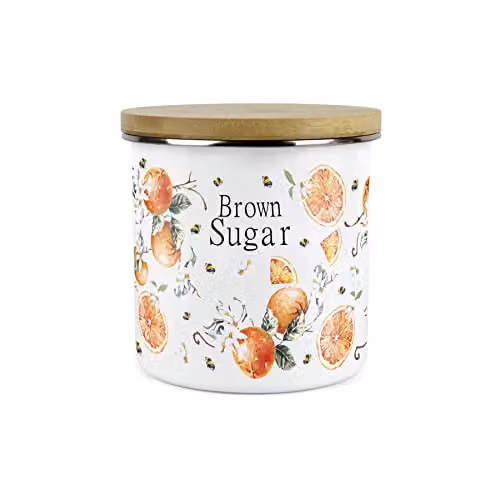 Purely Home Painted Tangerines Enamel and Bamboo Kitchen Storage Canister in White and Orange