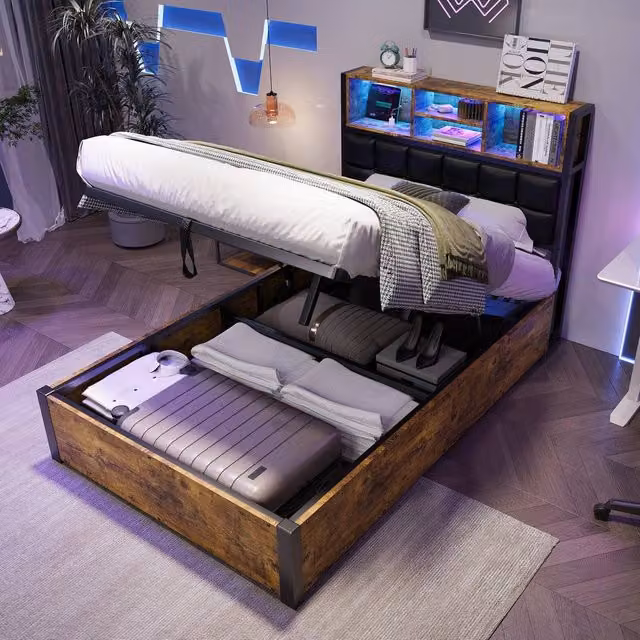 BTM Black Hydraulic Single Bed with USB Charging, LED Lighting and Soft Storage Headboard