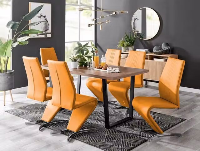FurnitureboxUK Kylo Large Brown Wood Effect Dining Table and 6 Willow Mustard Faux Leather Chairs