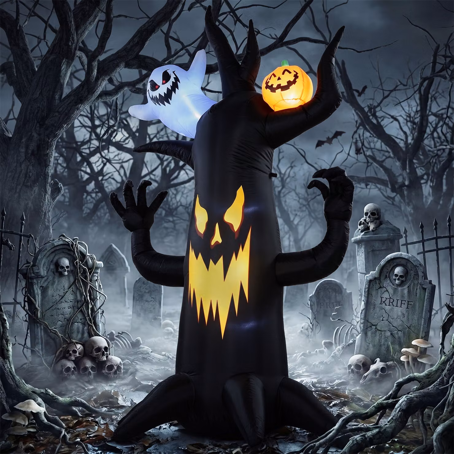 Outsunny 8 FT Halloween Inflatable Spooky Tree with Ghost and Pumpkin, Multicolour Blow Up Decoration for Indoor and Outdoor Use – 2