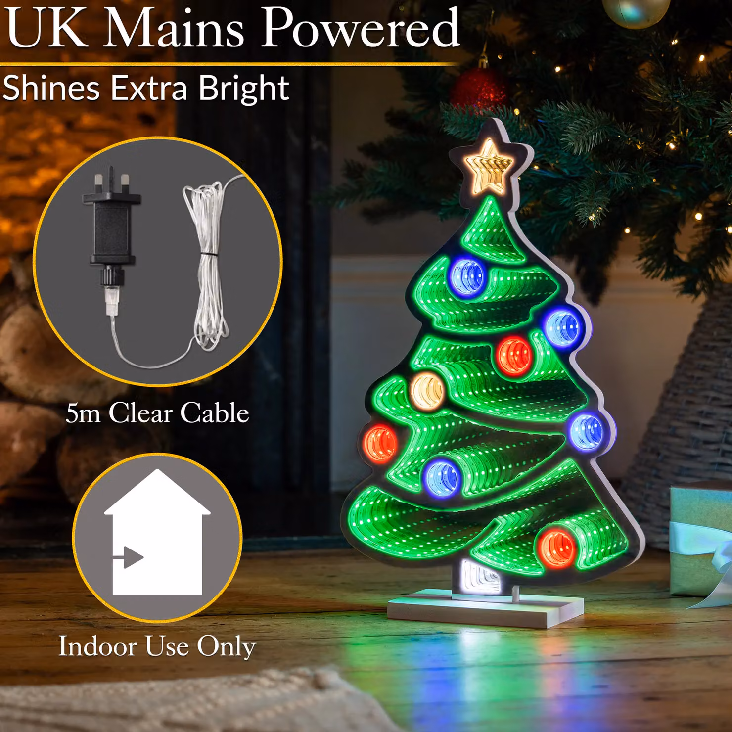 Christow Christmas Infinity Light LED Multicolour Indoor Tabletop Decoration with Wooden Base, Height: 40 cm – 5