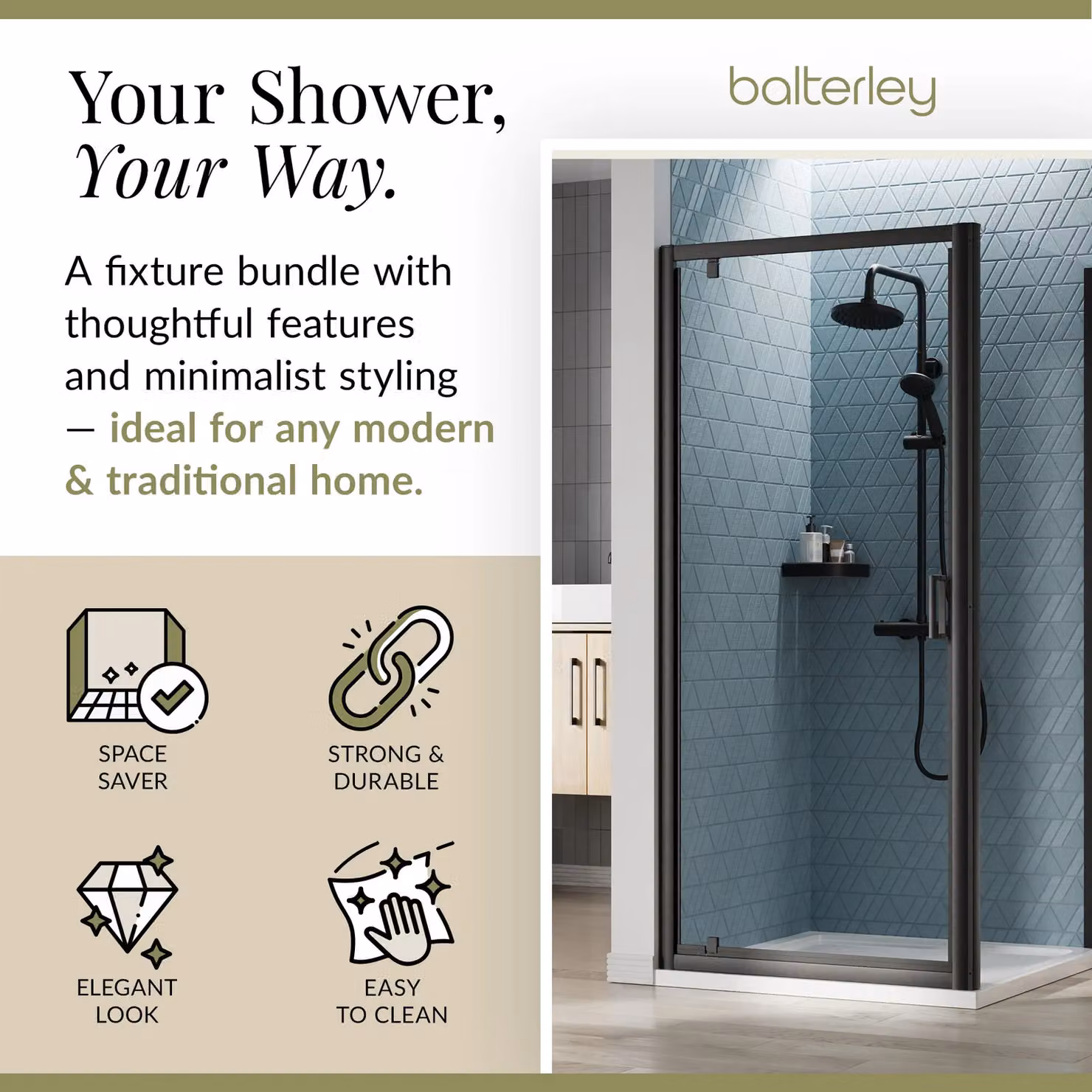 Balterley Ruwa Black Pivot Corner Shower Suite with 6mm Glass and Tray, W/D: 900 x 900 mm – 2