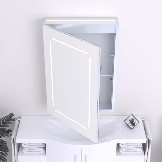 Clifton Tall LED Rectangle Bathroom Wall Mirror Cabinet in Natural with Integrated Lighting, Anti-Fog and Shaver Socket, Height: 70 cm