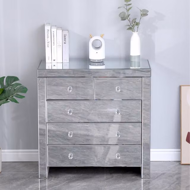 HMD Silver Glossy Mirror Top Chest of Drawers with 4 Drawers