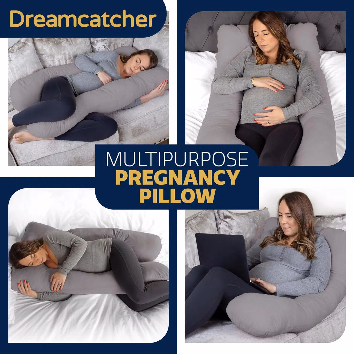 Dreamcatcher U-Shaped Maternity Support Pregnancy Pillow in Blue and Grey Micro Fleece – 5