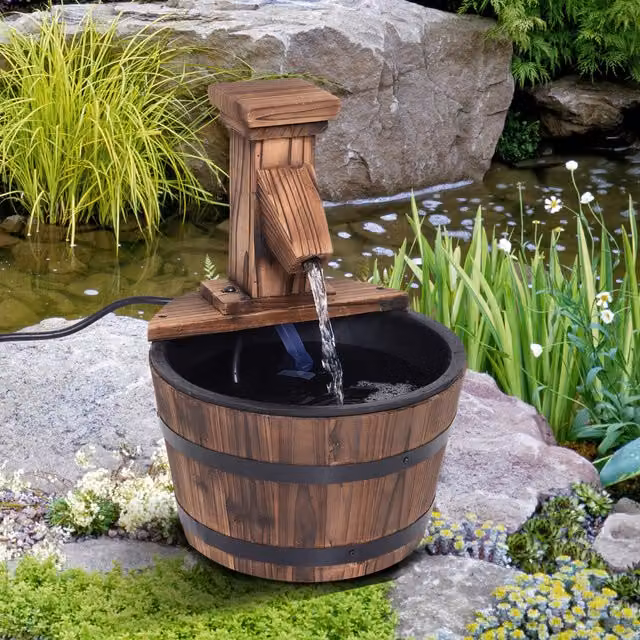 Outsunny Wood Barrel Patio Water Fountain with Electric Pump in Brown, W/D/H: 37.0 x 27.0 x 1.0 cm