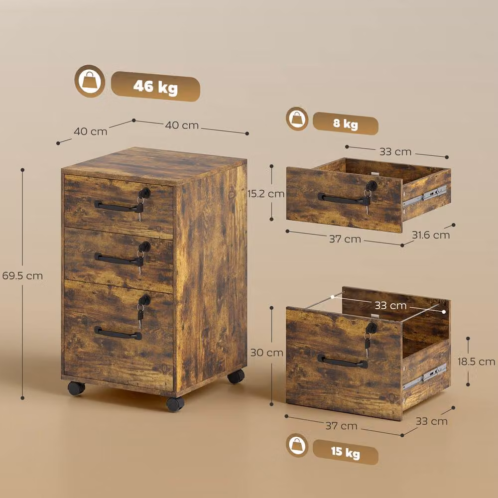 STILVORA Three-Drawer Filing Cabinet with Locks and Castors, Brown, W: 40 cm, D: 40 cm, H: 69.5 cm – 3
