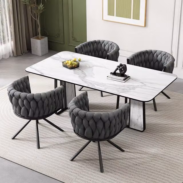 Home Touch Interior Set of 4 Grey Velvet Swivel Dining Chairs with Metal Legs