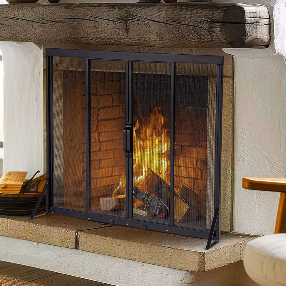 Gymax Fireplace Screen Spark Guard Protector with 2 Sliding Doors, Black – 3
