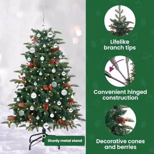 vidaXL Artificial Christmas Tree with 150 LEDs and Stand, Green and Silver, Height: 150 cm – 5