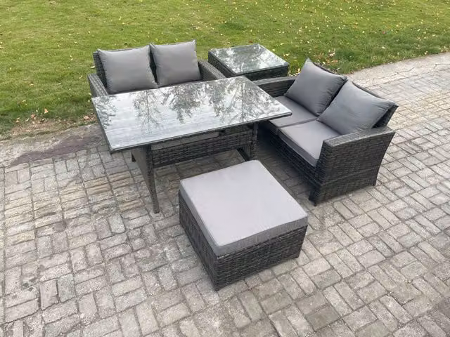 Fimous PE Wicker Rattan Garden Furniture Set with Love Sofa, Rectangular Dining Table, Big Footstool and Side Table in Dark Grey Mixed