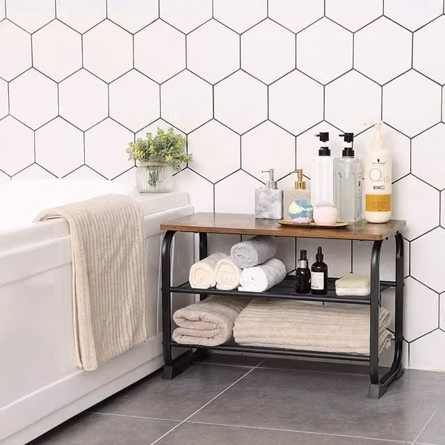 VASAGLE Industrial Shoe Bench with 2 Mesh Shelves in Brown