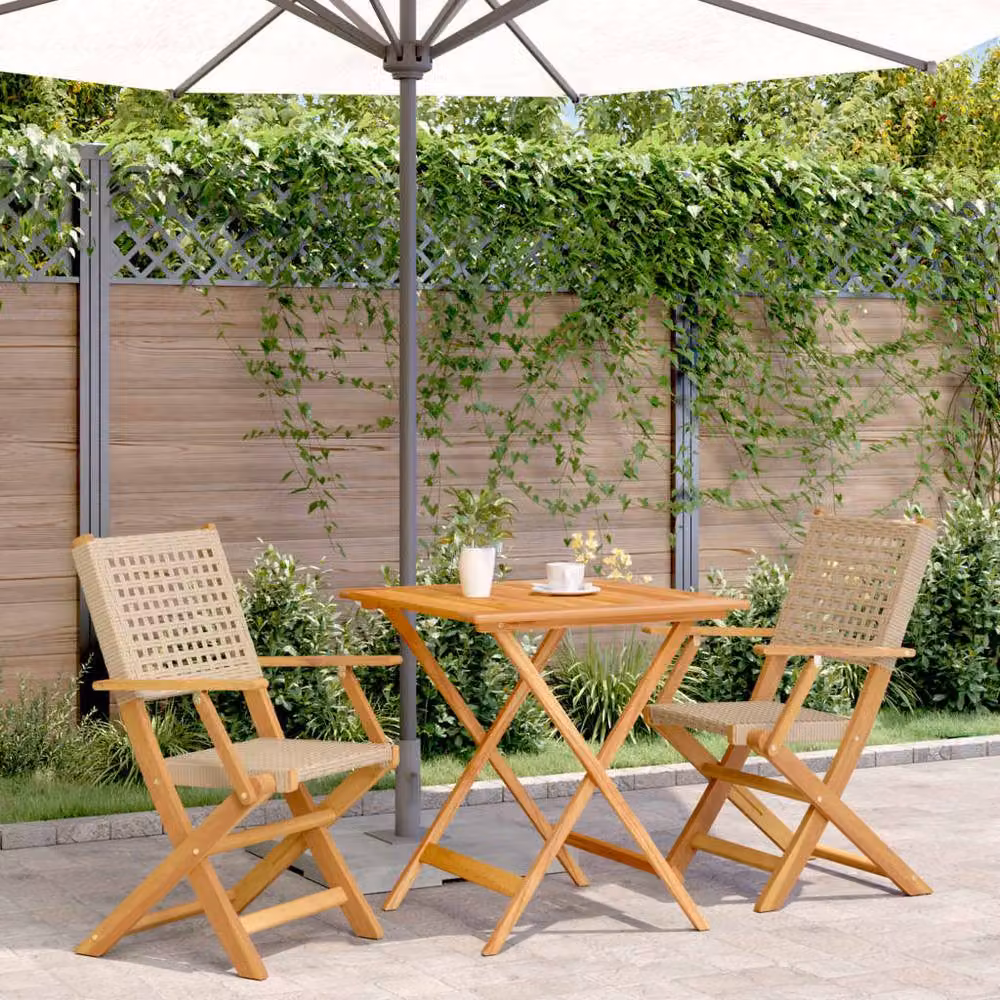 Berkfield Home Beautiful 3 Piece Beige Poly Rattan and Oiled Acacia Wood Bistro Set – 1