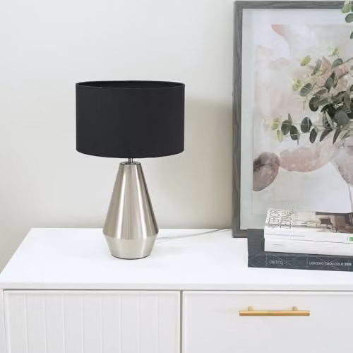 ValueLights Silver Chrome Metal Touch Dimmer Table Lamp with Black Fabric Drum Shade – 2
