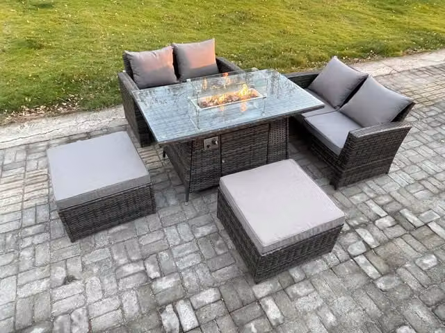 Fimous 5 Piece Poly Rattan Garden Furniture Set with Gas Firepit Dining Table, Sofa and 2 Footstools in Dark Grey