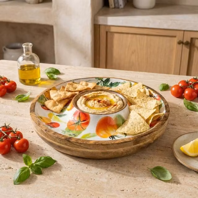 Madison & Mayfair Mango Wood Chip and Dip Dish with White Tomato Design – 1