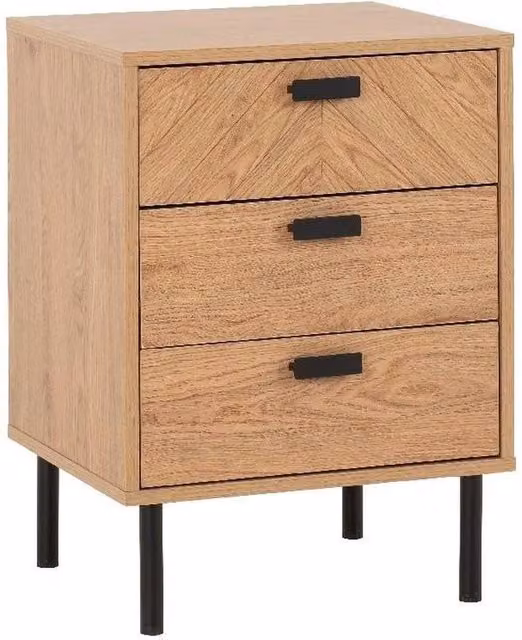 FORGEVIO Retro Herringbone Oak 3 Drawer Bedside Table in Beige