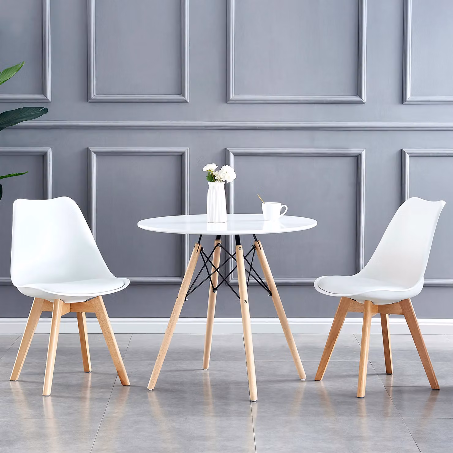 MCC Direct Set of 6 Retro Dining Chairs with Wooden Legs and White Synthetic Leather Cushions – 2