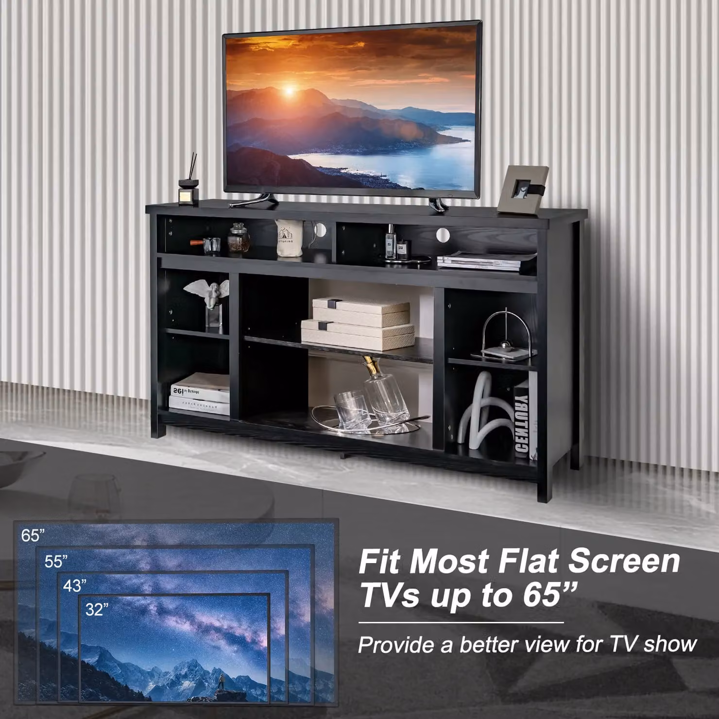 Costway Modern Fireplace TV Stand Media Console Table in Black with Adjustable Shelf for TVs up to 65 inch – 3