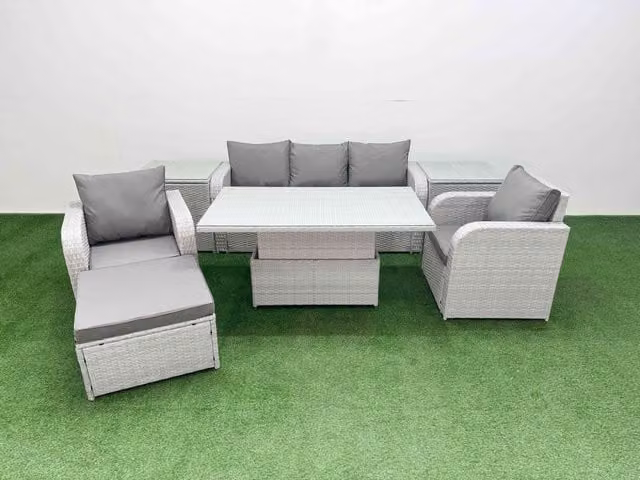 Fimous Grey PE Rattan Garden Furniture Set with 3-Seater Sofa, Reclining Armchairs, Coffee Table, Ottoman and Side Tables