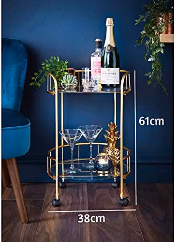 SPOT ON DEALZ Gold Drinks Trolley with Glass Shelves and Castor Wheels, H 62.0 x W 37.0 x D 36.5 cm – 2