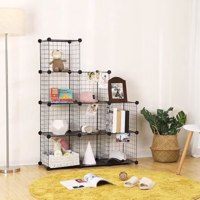 SONGMICS 9-Cube Freestanding Metal Mesh Storage Shelves with Black PP Plastic Sheets