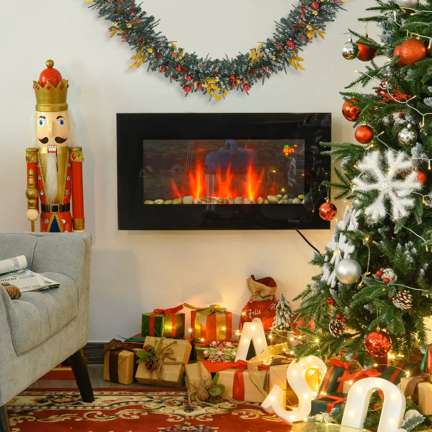 HOMCOM Electric Wall Fireplace with LED Flame Effect, Timer and Remote Control, 1000W, Black – 2
