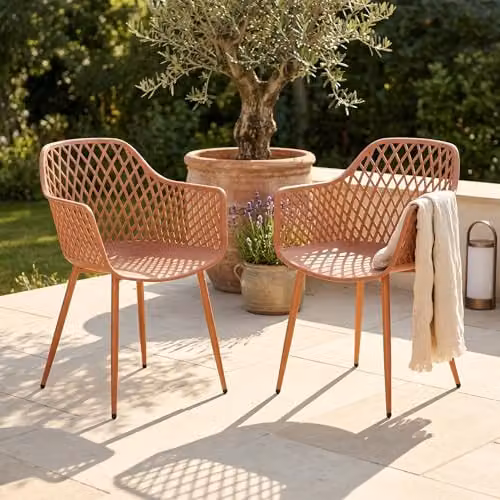 Sunray Set of 2 Lattice Armchair Bistro Dining Chairs with Powder-Coated Steel Legs for Outdoor and Indoor Use – 3