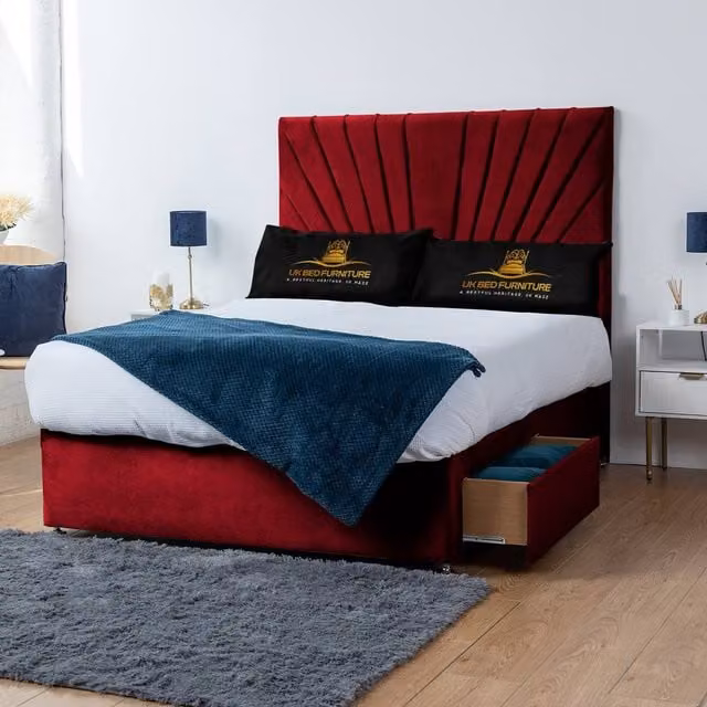 UK Bed Furniture Sunrise Divan Bed with 4 Drawers and 26 Inch Headboard in Red Velvet, Size: 180 x 200 cm – 1