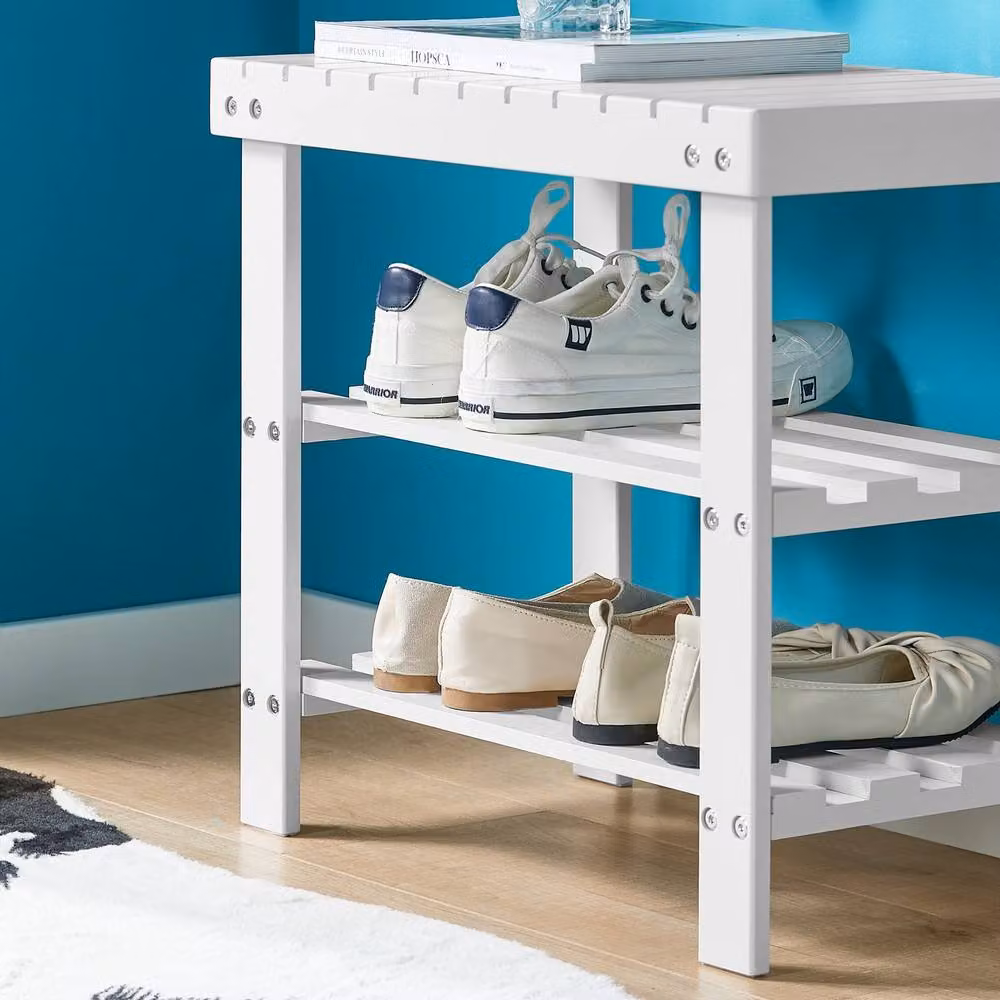 SoBuy White Solid Wood Slatted Entrance Shoe Rack and Bench – 5