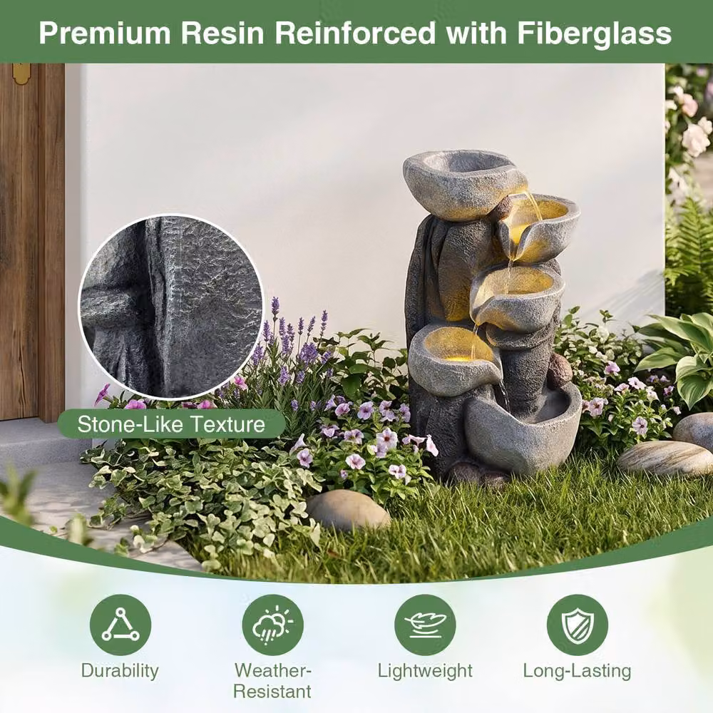 Gymax Grey Tabletop Outdoor Water Fountain with LED Lights and Cascading Round Bowl – 8