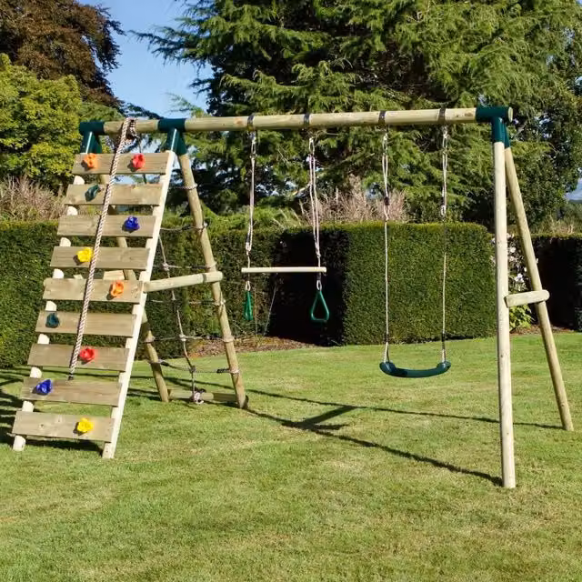Rebo Savannah Wooden Double Swing Set with Trapeze Bar and Climbing Wall in Green and Brown