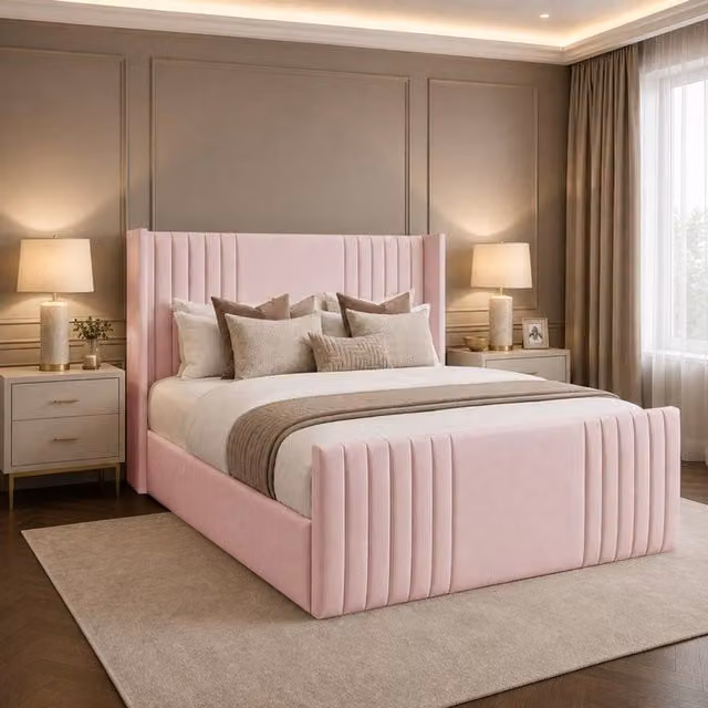 Desire Deco Carolyn Pink Plush Velvet Upholstered Wingback Panel Bed Frame, W/D/H: 120 x 200 cm