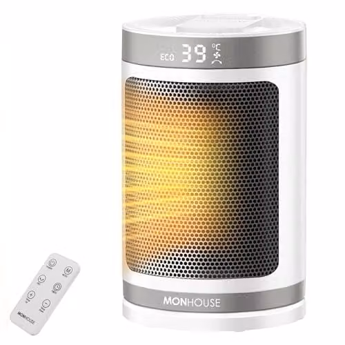 MONHOUSE 1500W Energy Efficient PTC Ceramic Portable Fan Heater with Remote Control and Timer, White, W: 19.5 cm, D: 15.2 cm, H: 15.2 cm